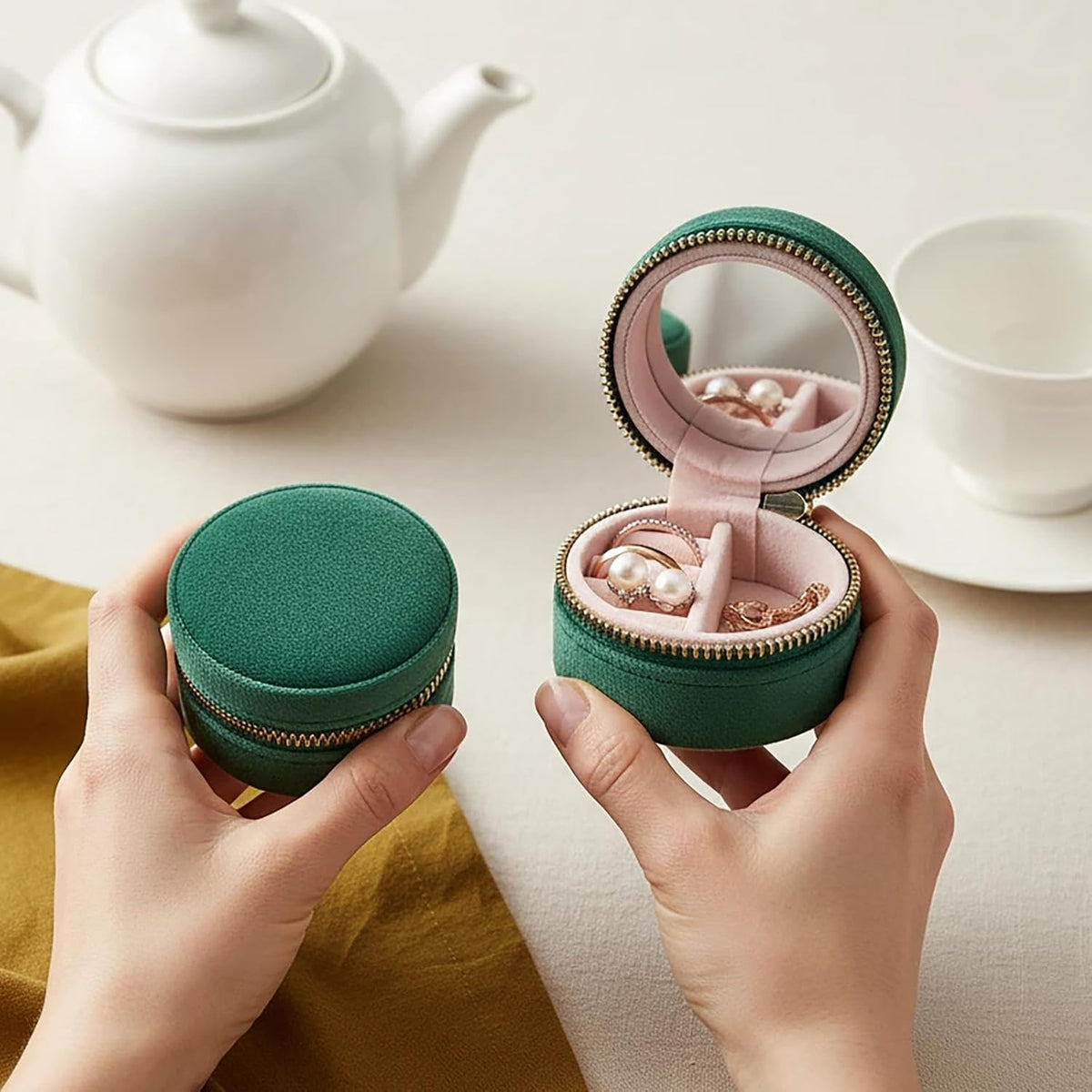 Travel Ring Box with Mirror, Velvet Lined Jewelry Organizer for Women - Mini Portable Case for Engagement, Wedding Band, Earrings,Necklaces | Bridesmaid Proposal Gift (Green)