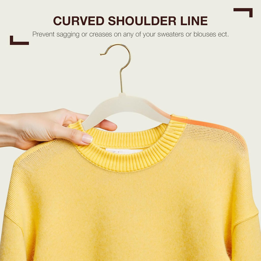 Korpai 50 Pack Beige Velvet Hangers,Felt Hangers with Gold 360°Swivel Hook,Coat Hanger Non Slip,Heavy-Duty,Space Saving,Slim Clothes Hangers for Pants,Outfit,Skirts,Suits,Coats,Dresses ect.