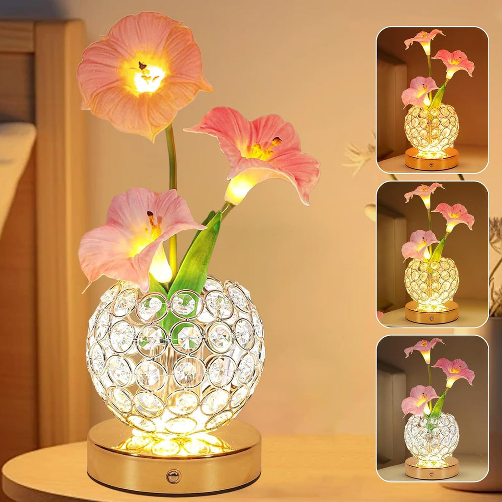 Flower Table Lamps, Rechargeable Cordless Desk Lamp, 3 Colors Dimmable Artificial Flowers Night Light, Morning Glory with Crystal Vase for Home Date Party Decoration (Morning Glory-Pink)