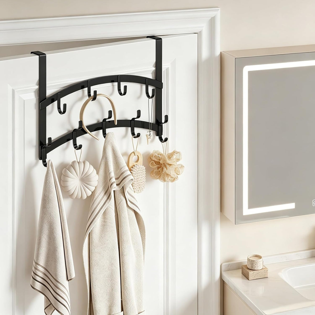 Consumest Over the Door Hooks Organizer - 2 Tier Door Hanger with 14 Hook Heavy Duty Stainless Steel for Towels, Coats, Jackets & Bags, Towel Rack for Bathroom Bedroom, Fits Up to 1.77" Doors, Black