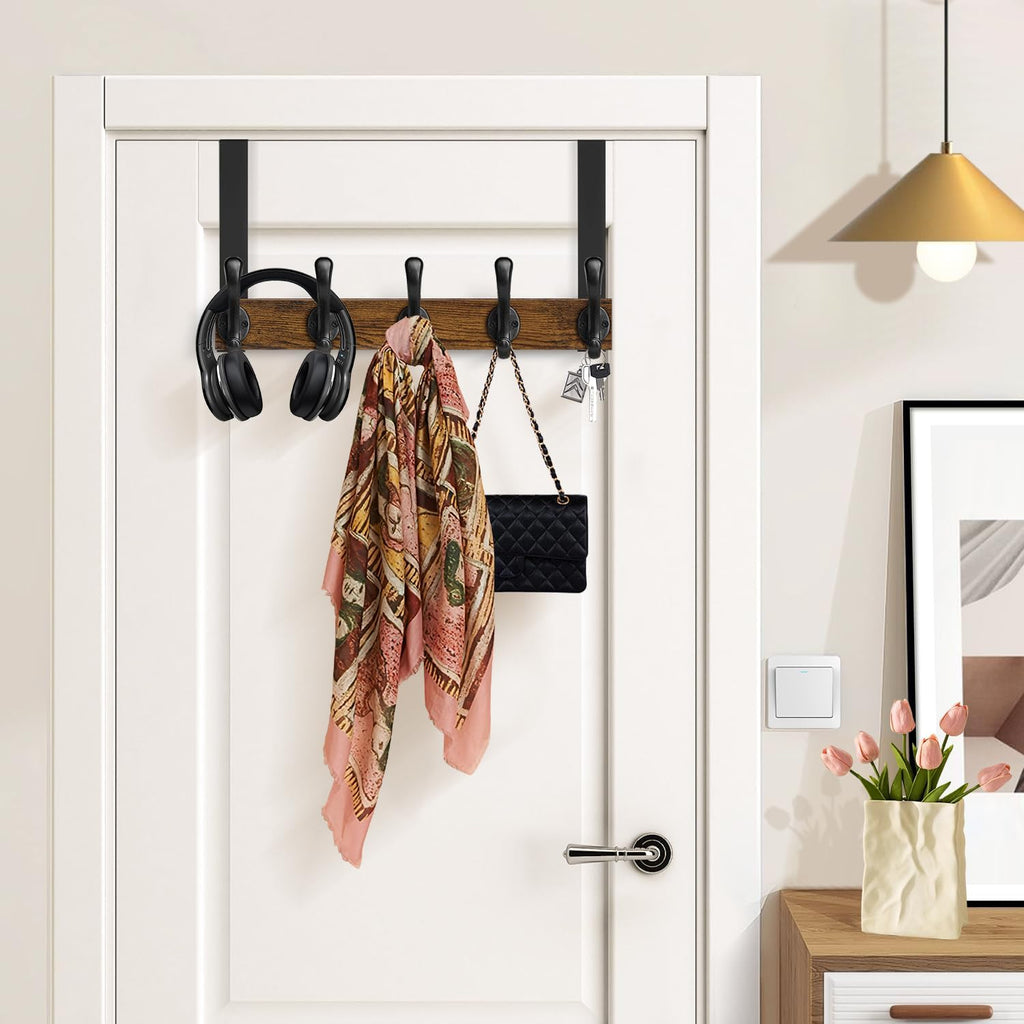 YINMIT Over The Door Hooks, Wood Door Towel Rack with 5 Hooks for Hanging