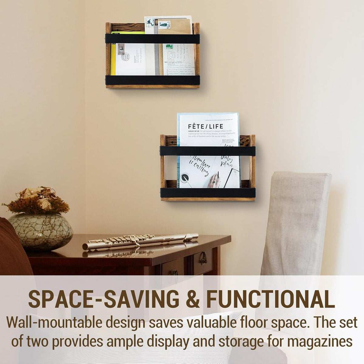 MyGift Wall-Mount Magazine Racks, Burnt Wood & Black Metal, Set of 2