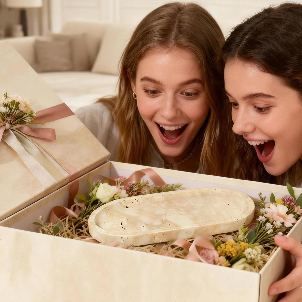 Natural Travertine Vanity Tray for Bathroom Countertop, 12" L x 6" W Light Beige Cream Decorative Tray with 4 Non-Slip Silicone Gaskets, Marble Tray for Jewelry, Perfume, Dresser Organizer