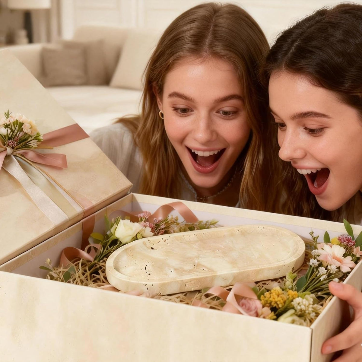 Natural Travertine Vanity Tray for Bathroom Countertop, 12" L x 6" W Light Beige Cream Decorative Tray with 4 Non-Slip Silicone Gaskets, Marble Tray for Jewelry, Perfume, Dresser Organizer