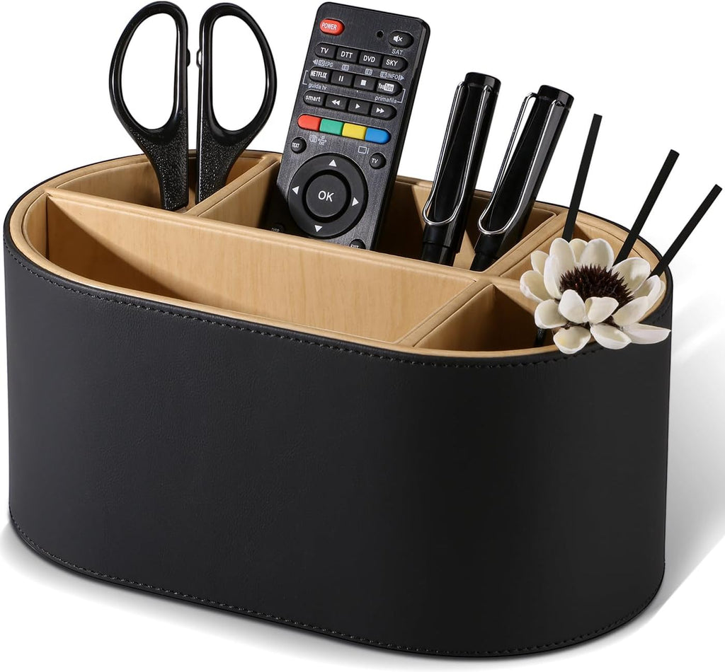 KINGFOM PU Leather Desk Organizer with Multi Compartments, Desktop Caddy Holder for Remote Controls, Pens, Makeup Brushes, Office Accessories (Black)
