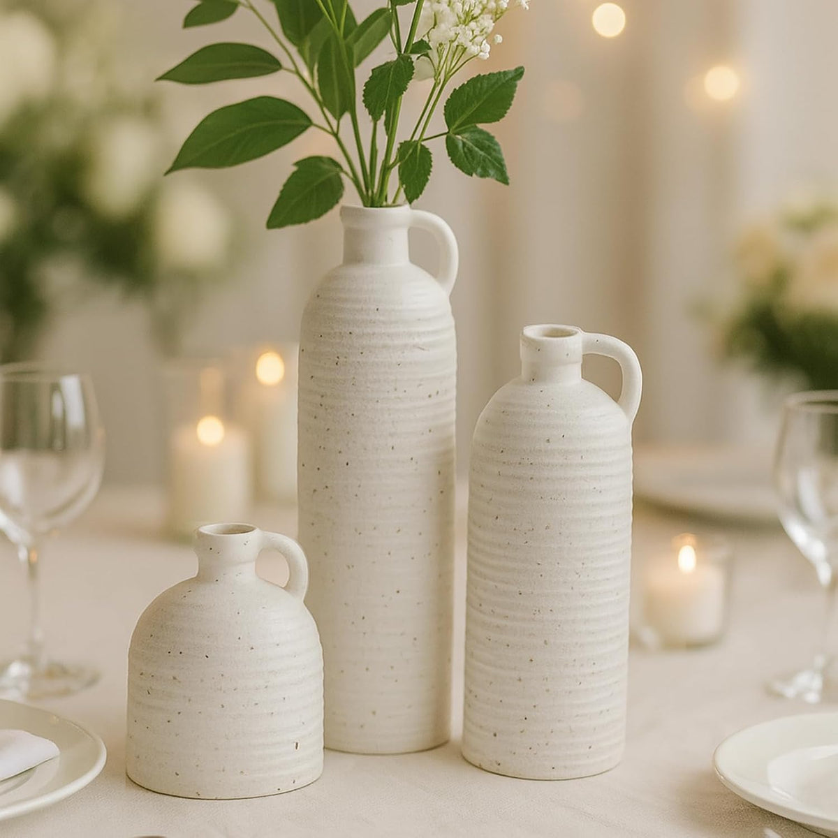White Polka Dot Vase Set of 3, Ribbed Jugs with Handles for Home Decor