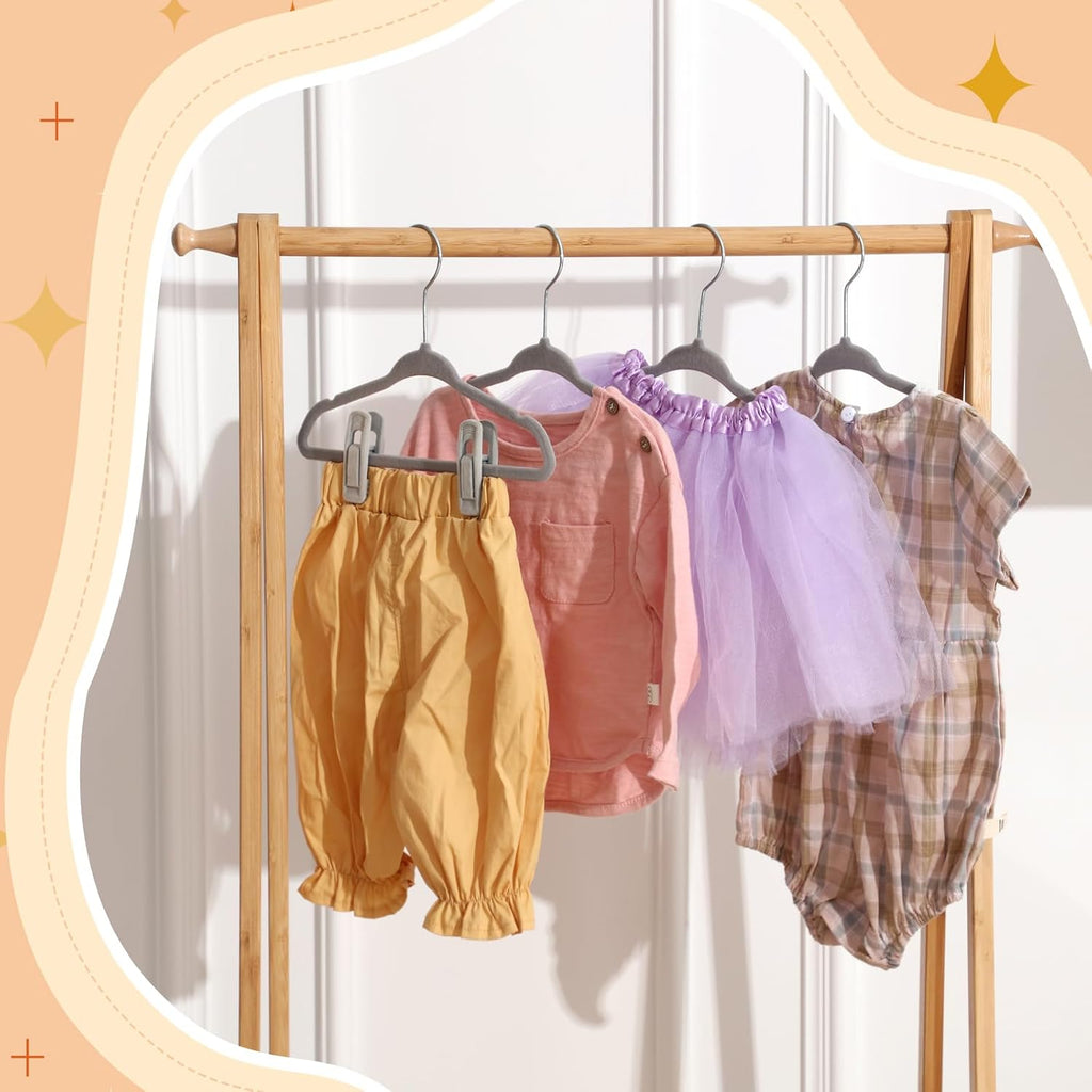 Soaoo 20 Pcs Grey Velvet Kids Hangers with Clips, 11 Inch Non-Slip Slim