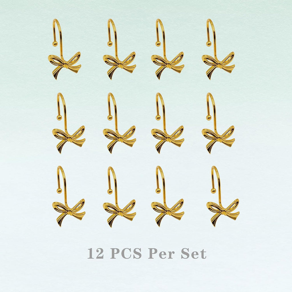 Gold Shower Curtain Hooks, 12 Pack Bow Shower Curtain Rings, Decorative Metal Rust Proof Curtain Hangers with 3D Ribbon Design, Cute Coquette Bathroom Decor