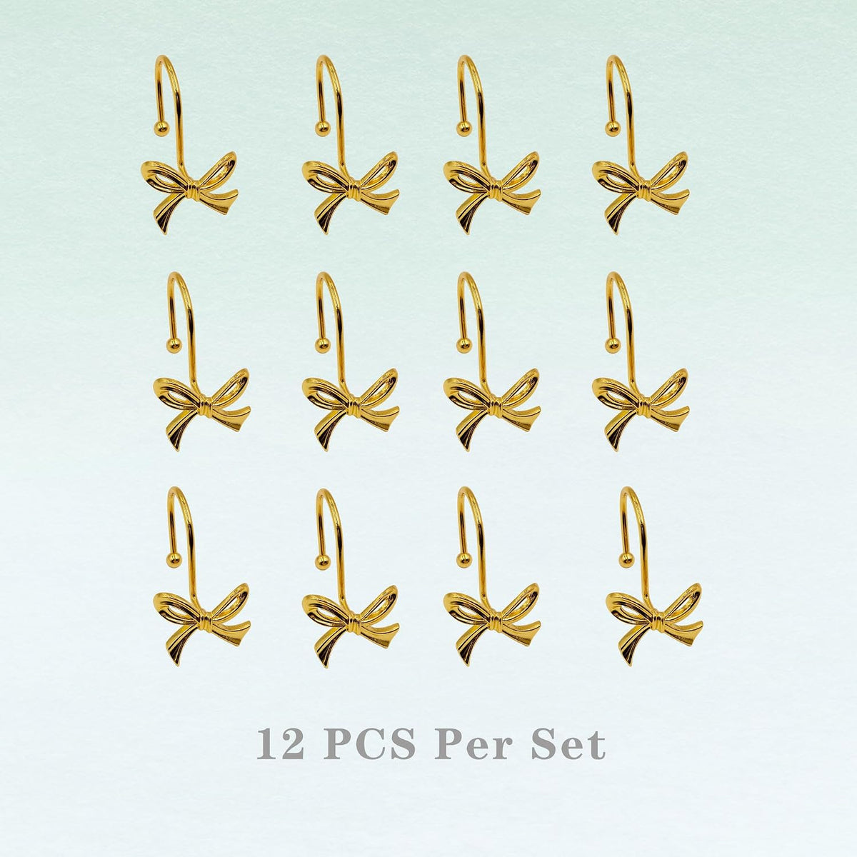 Gold Shower Curtain Hooks, 12 Pack Bow Shower Curtain Rings, Decorative Metal Rust Proof Curtain Hangers with 3D Ribbon Design, Cute Coquette Bathroom Decor
