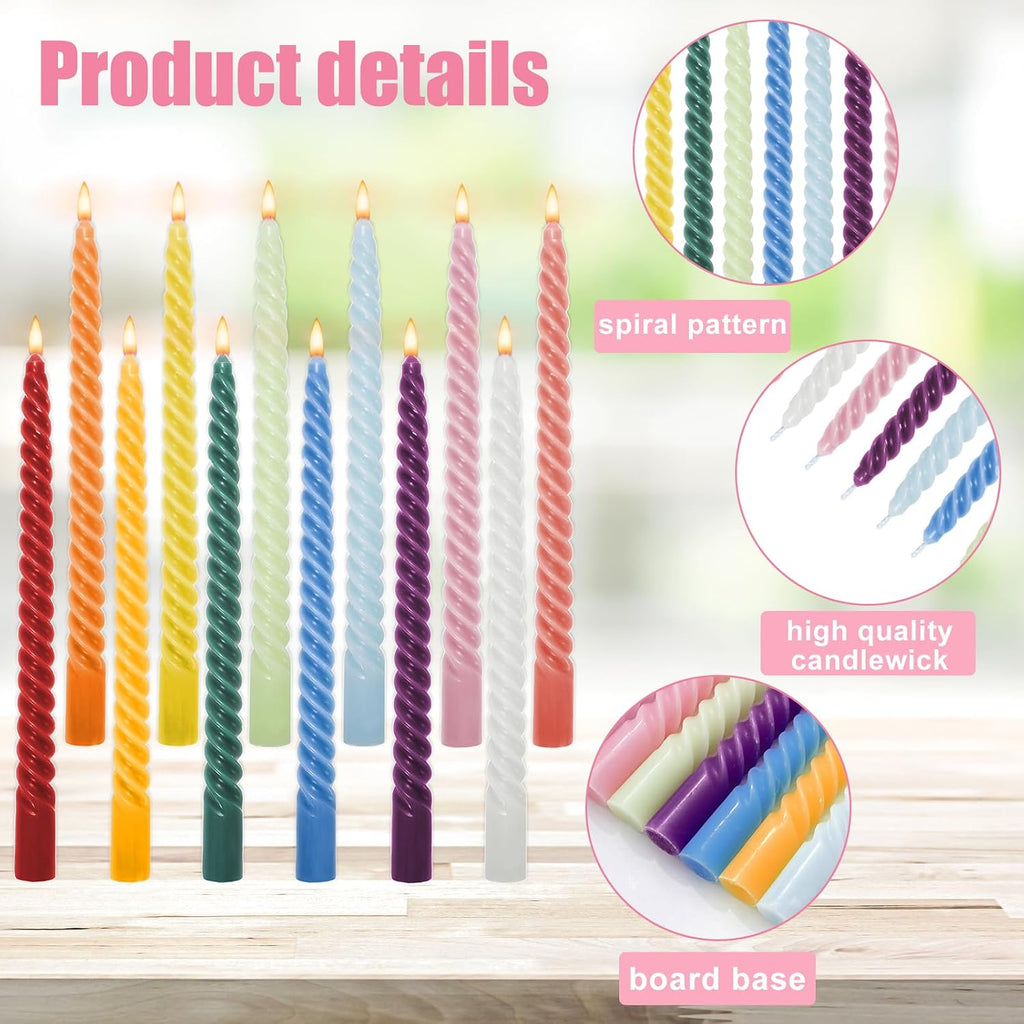 Whaline 12 Pcs 10 Inch Colored Spiral Taper Candles 12 Colors Dripless Twisted Wax Candles Long Unscented Candle Sticks for Holiday Celebration Display Home Decoration