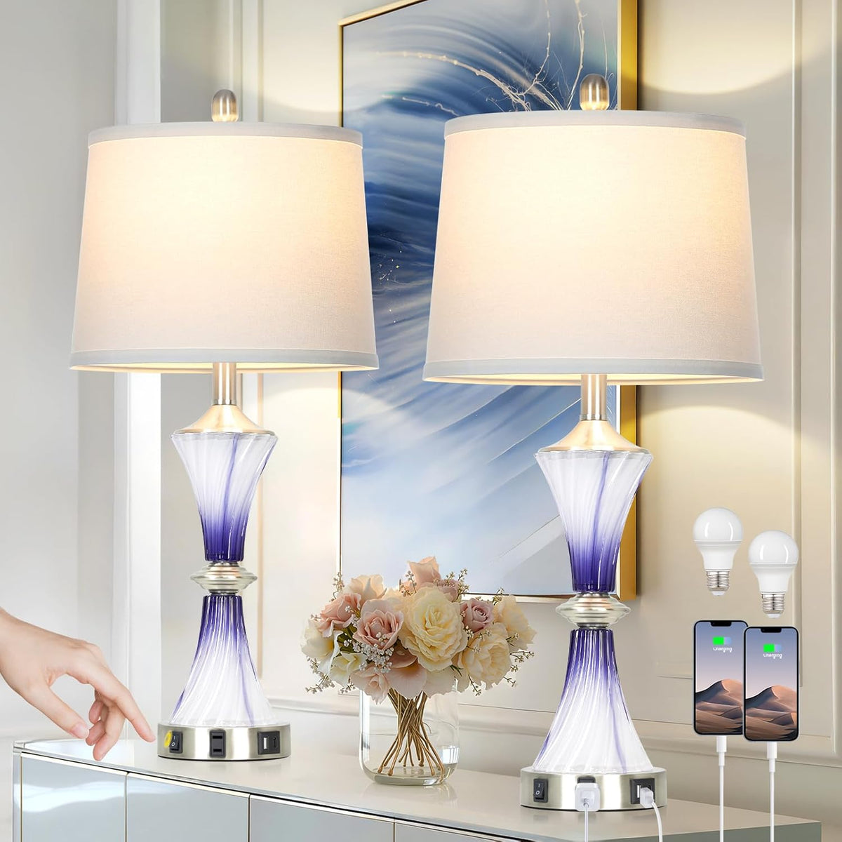 Rinweey Purple Glass Table Lamp Set of 2 with USB C+A Ports & AC Outlet, Bedside Lamp, Modern Bedroom Lamps, Crystal Lamp for Night Stands Bedroom Living Room,Nightstand Lamp LED Bulbs Included