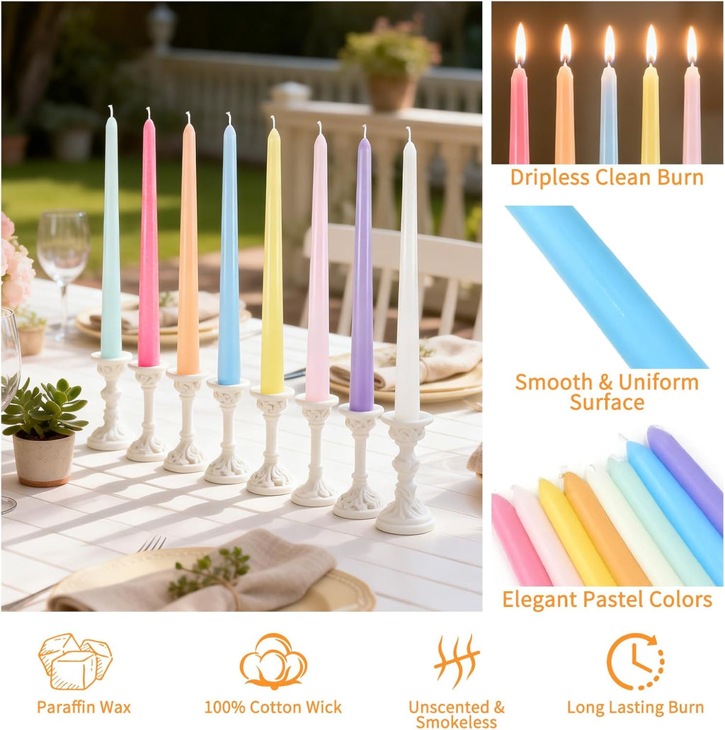 32 Pack Pastel Taper Candles, 10 Inch Colorful Candlestick
