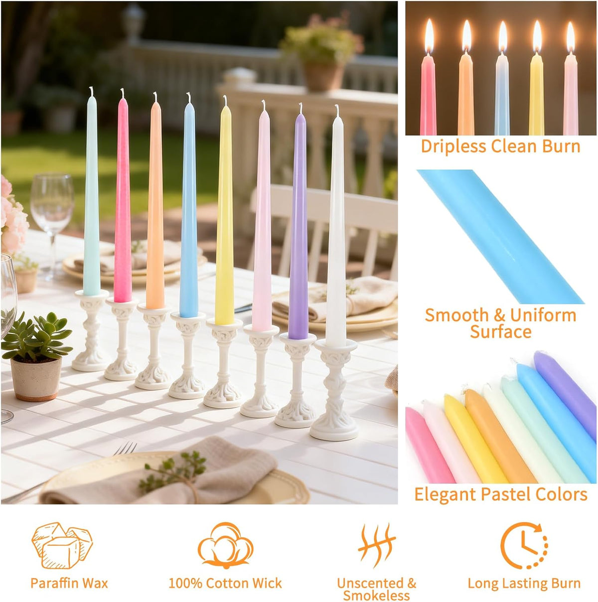 32 Pack Pastel Taper Candles, 10 Inch Colorful Candlestick