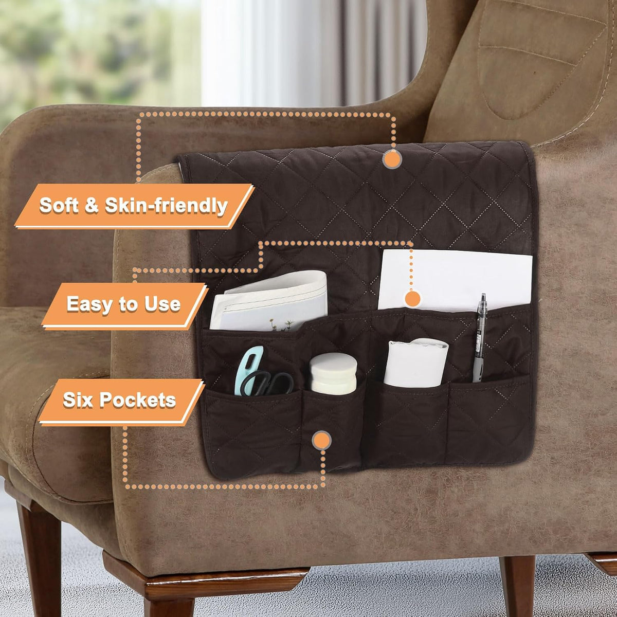uxcell Couch Sofa Armrest Organizer Non-Slip Chair Arm Recliner Remote Control Organizer with 6 Pockets for Books, Magazines, Tablet, Phone, Dark Gray