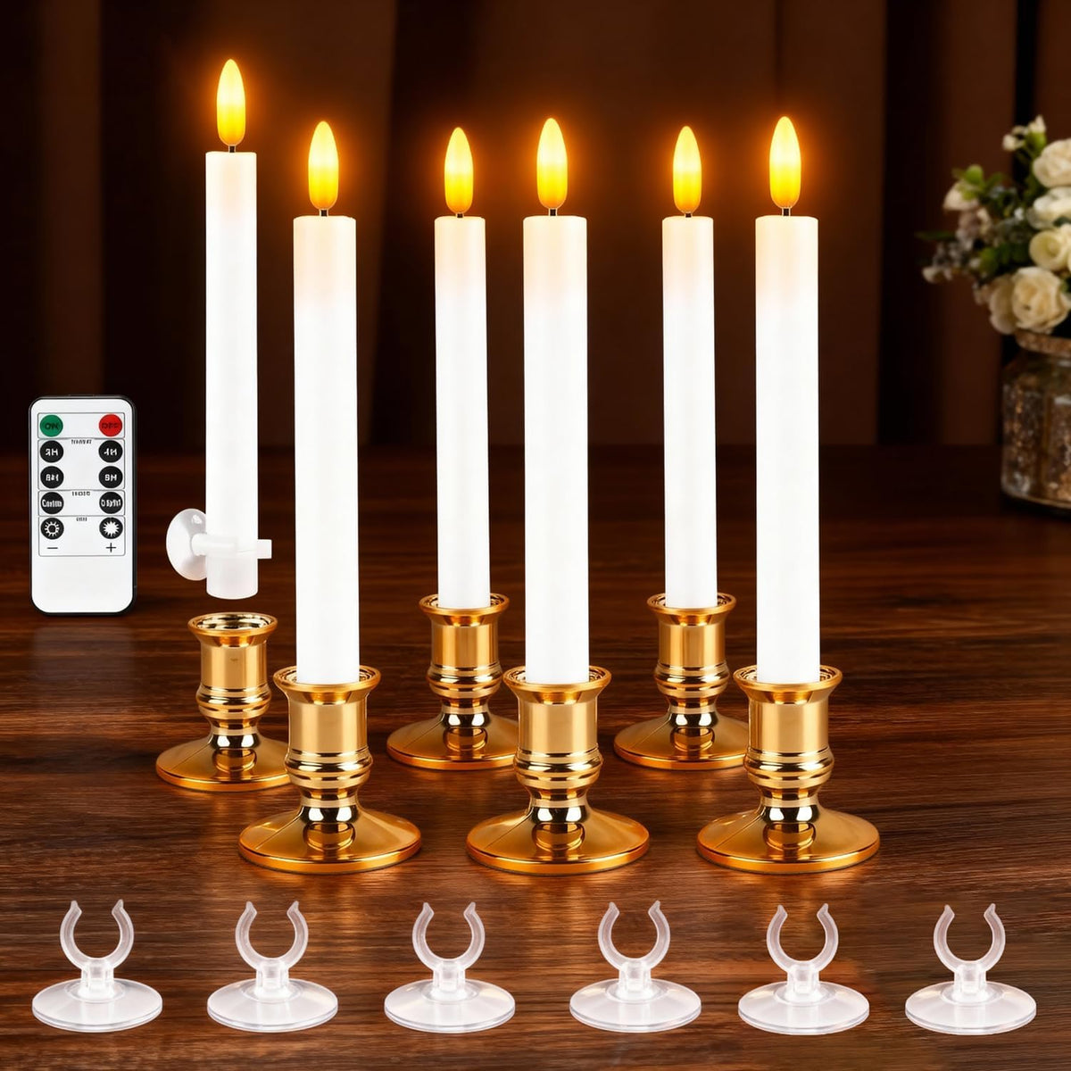 Christmas Window Candles, 6 Pcs Battery Operated Flameless Taper Candles with Remote, Timer, 3D Wick, Holders & Suction Cups for Christmas, Wedding, Halloween Decor