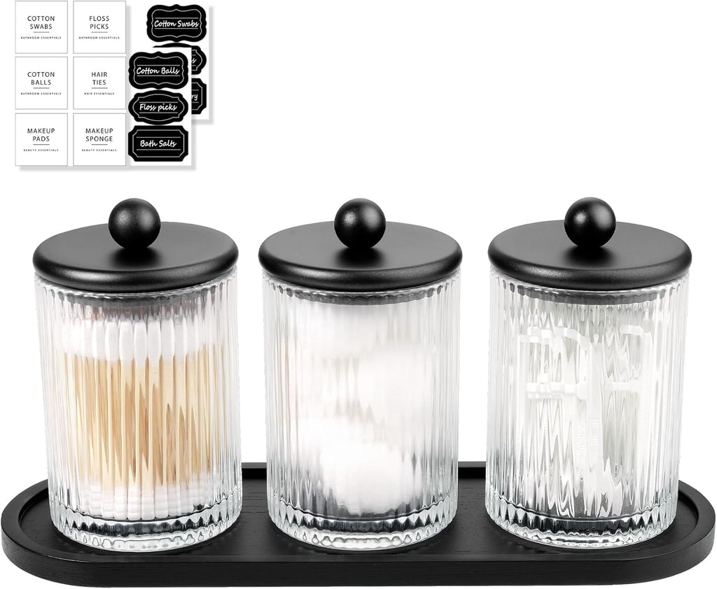 SheeChung 3 Pack Ribbed Glass Qtip Holder with Bamboo Tray & Metal Lids