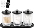 SheeChung 3 Pack Ribbed Glass Qtip Holder with Bamboo Tray & Metal Lids