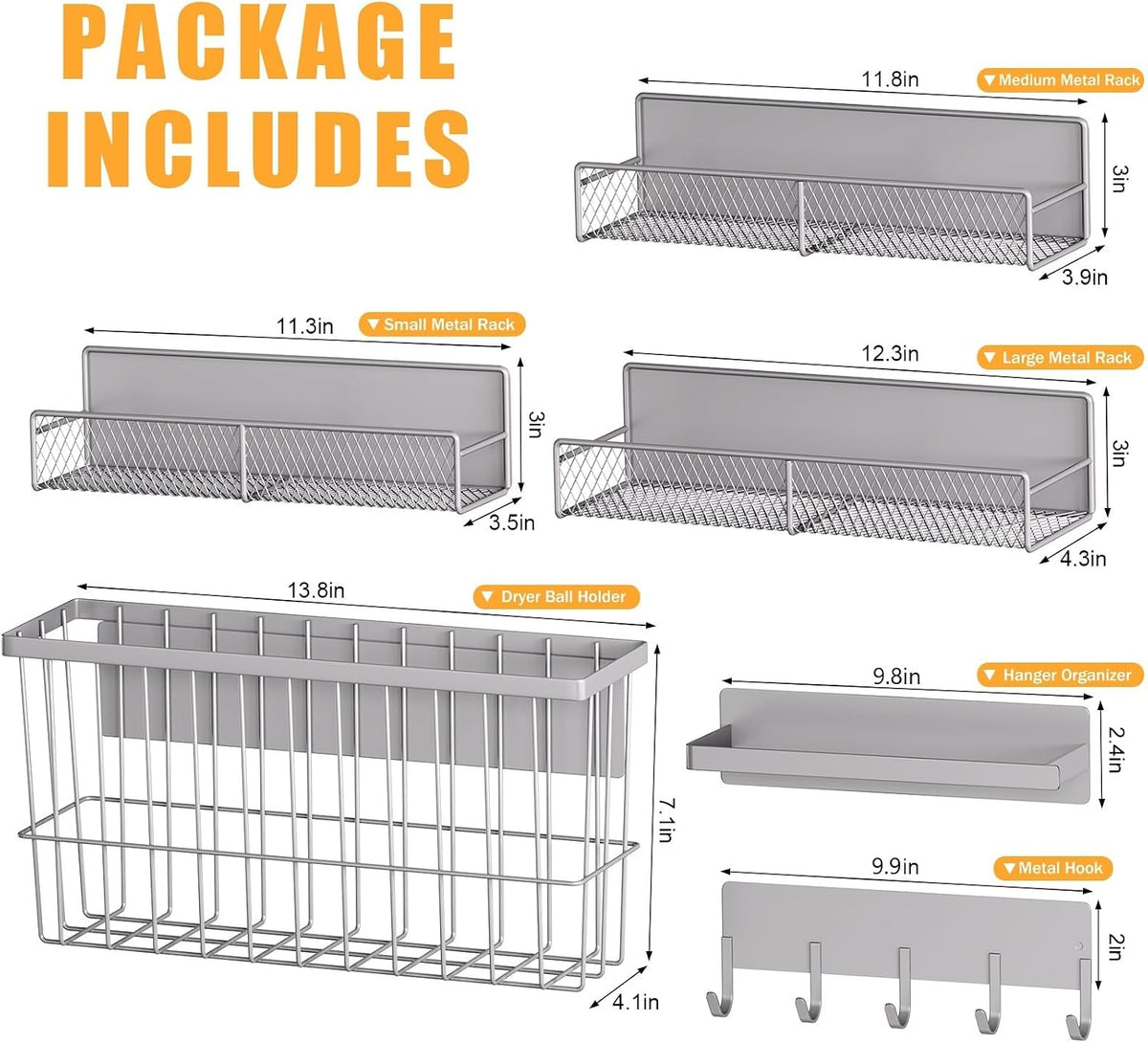 DTUQYX Laundry Organizer with Hanger 6-Pack, Magnetic Shelves for Washing Machine, Magnetic Refrigerator Shelves, Magnet Holder & Baskets, Metal Storage System for Laundry Room, Grey