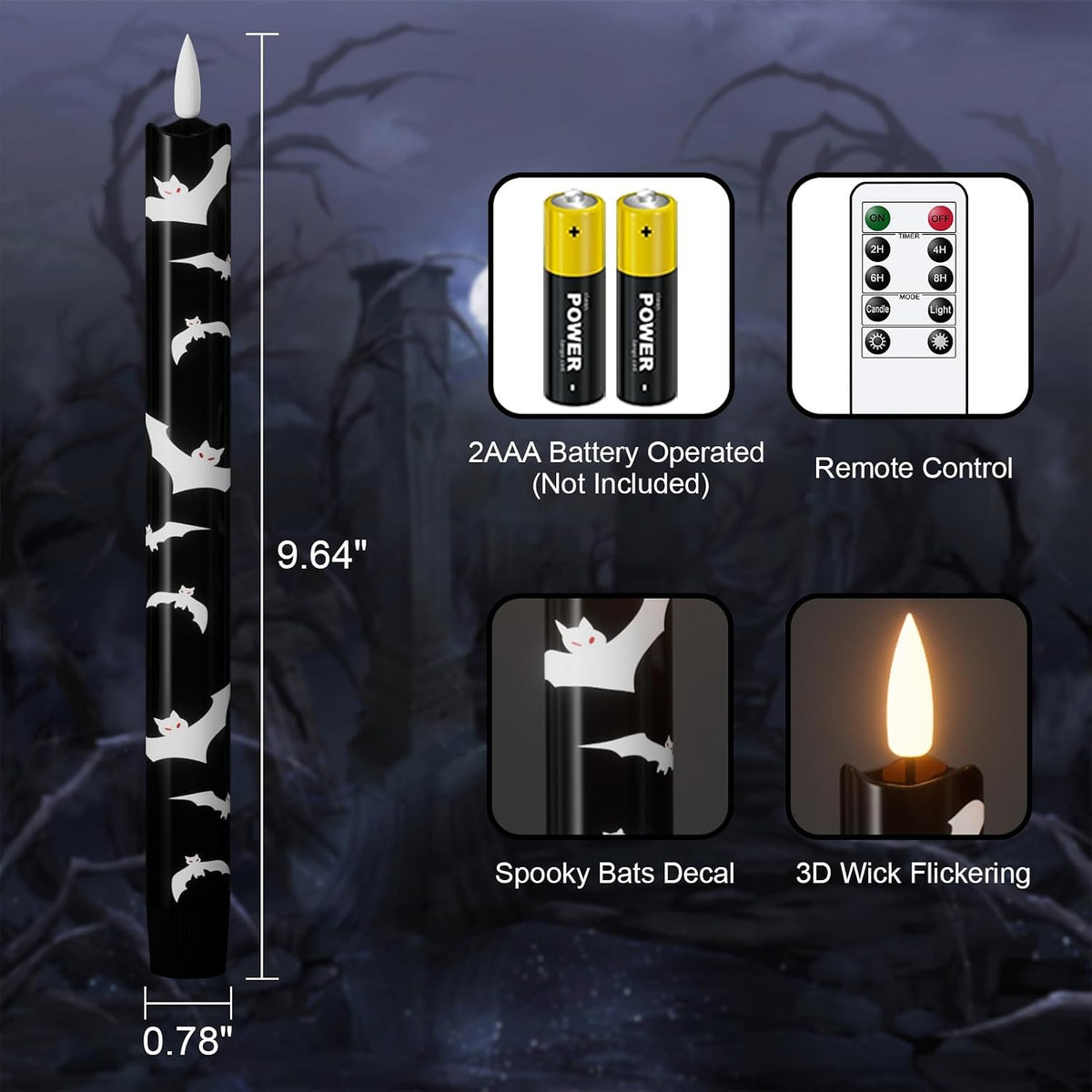 Eldnacele Halloween Bats Decal Flameless Taper Candles with Remote Timer