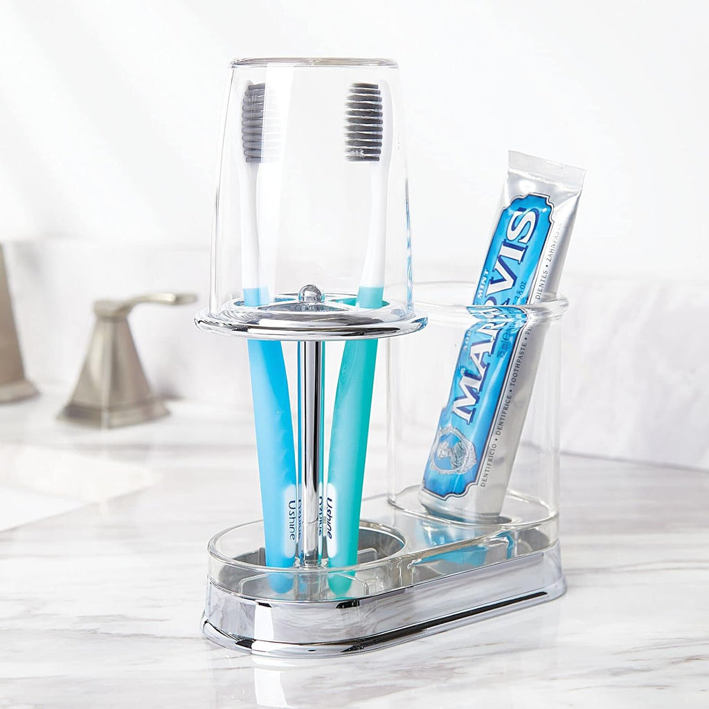 mDesign Plastic Toothpaste and Toothbrush Holder Center with Cup/Cover - Organizer for Bathroom Vanity Countertop - Holds Paste, Floss, Accessories - Hyde Collection - Clear