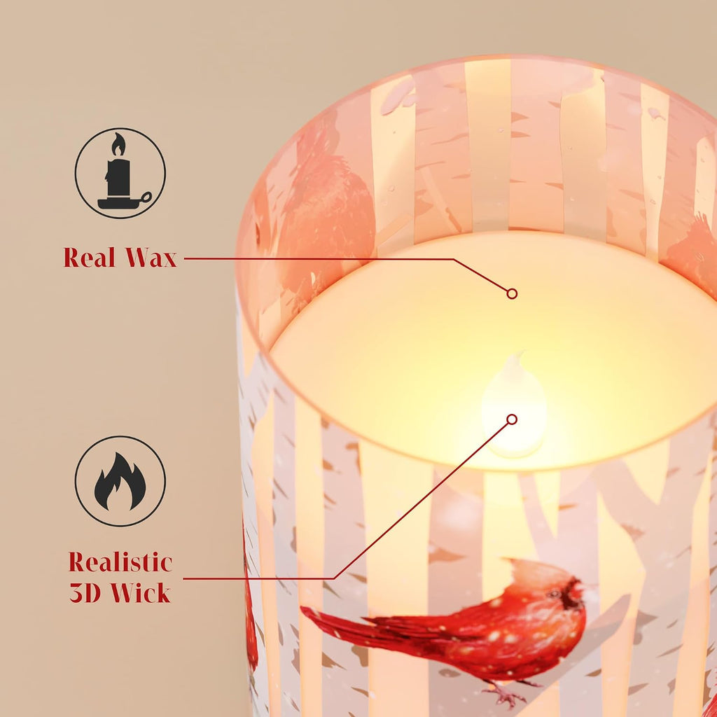 Cardinal Flameless Candles with Remote and Timer, 3 Pack Real Wax LED Glass Pillar Candles Battery Operated Flickering 3D Wick Red Bird Candles for Christmas Holiday Home Decor (3”x4”5”6”)