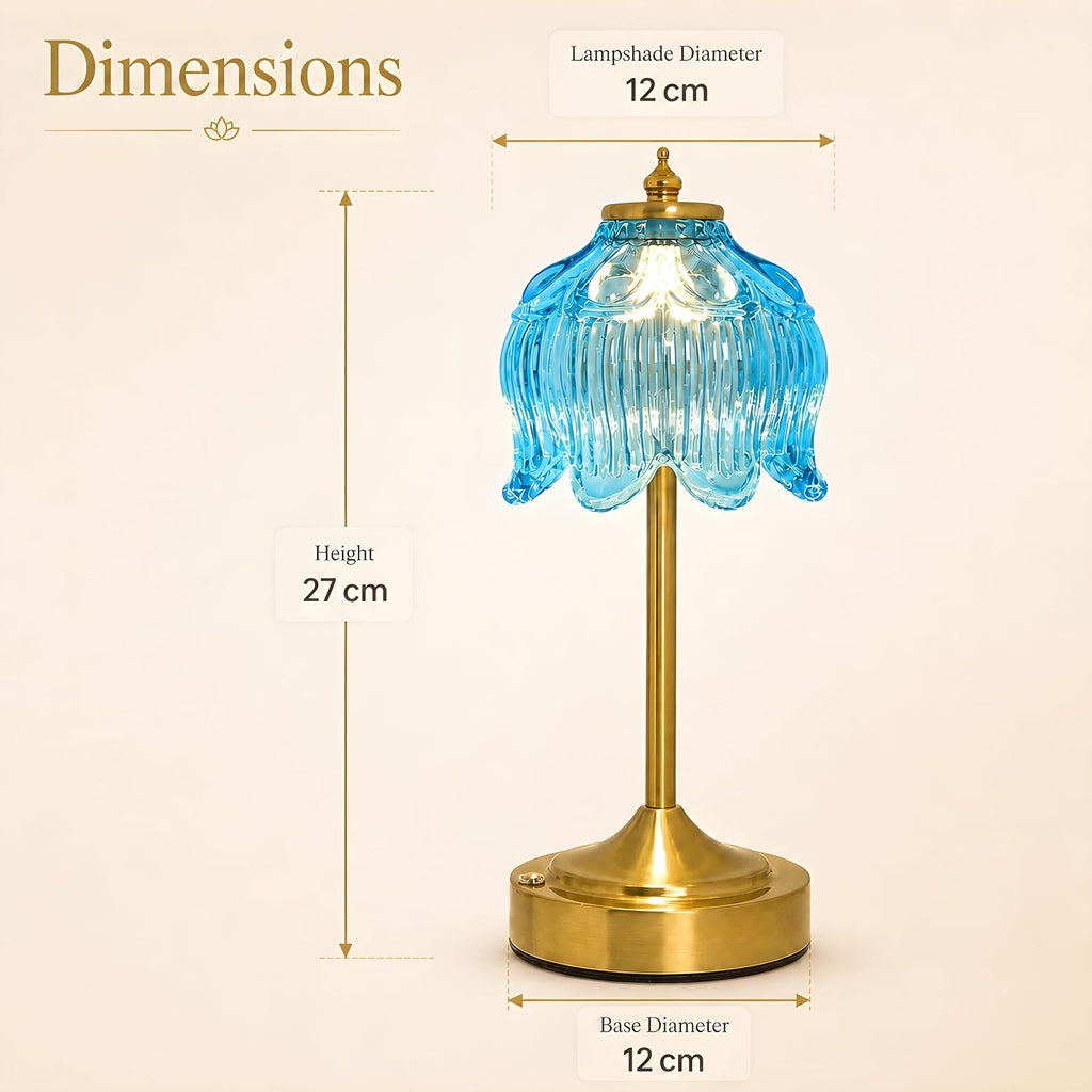 Lotus Flower Table Lamp, Cordless Rechargeable Amber Glass Bedside Lamp | 3600mAh Battery, Touch Control, 3 Color Modes & Stepless Dimming for Bedroom, Nightstand Lake Blue 2PC