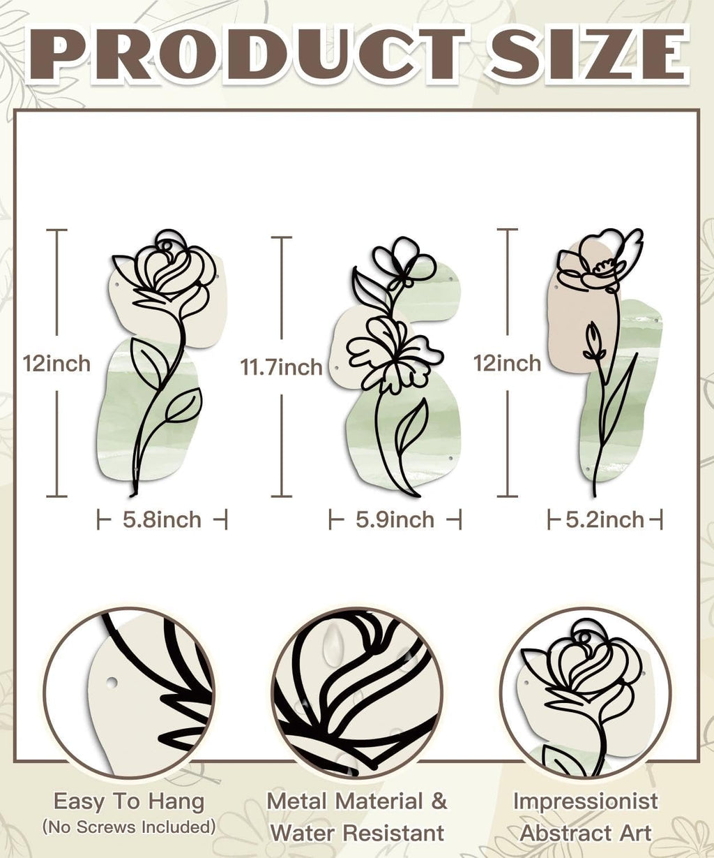 Putuo Decor Metal Flower Wall Decor, 3PCS Minimalist Floral Wall Art, Boho Spring Wall Sculptures for Living Room Bedroom Bathroom Kitchen, Modern Metal Flowers Decorations