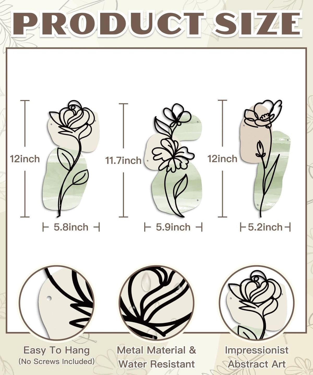 Putuo Decor Metal Flower Wall Decor, 3PCS Minimalist Floral Wall Art, Boho Spring Wall Sculptures for Living Room Bedroom Bathroom Kitchen, Modern Metal Flowers Decorations