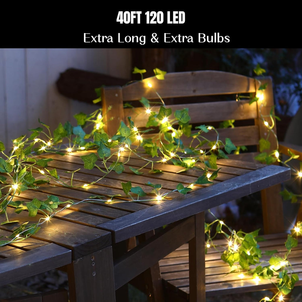 2 Pack Vines with Fairy Lights 40ft 120 LED Ivy String Lights USB Plugin & Battery Operated Leaf Lights with Timer 8 Modes Remote Decorative Light for Bedroom Wedding Party - Warm White