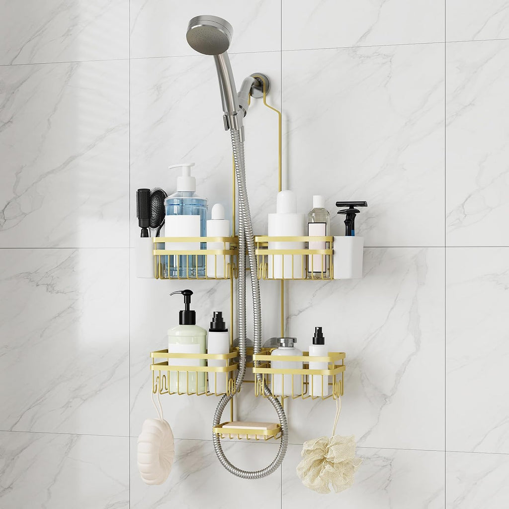 Shower Caddy Hanging for Bathroom Organizers and Storage - 3-Tier Adjustable Anti-Swing Shower Organizer Hanging with Heavy-Duty Suction Cups, Damage-Free Rustproof (Gold)