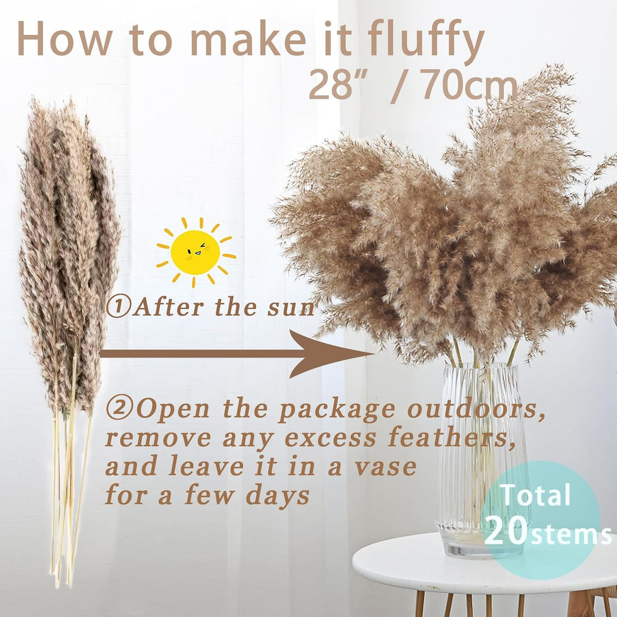 20 Stems 28" Large Brown Pampas Grass - Natural Fluffy Pompas Grass Bulk for Floor Vase - Boho Decor Home Wedding Event Decor, Gift