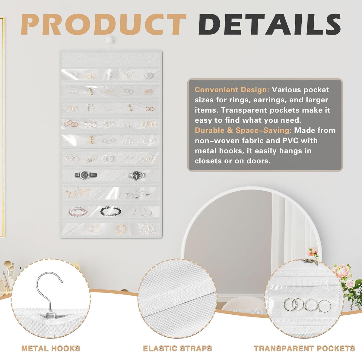 Hanging Jewelry Organizer, Double-Sided Necklaces Holder, White