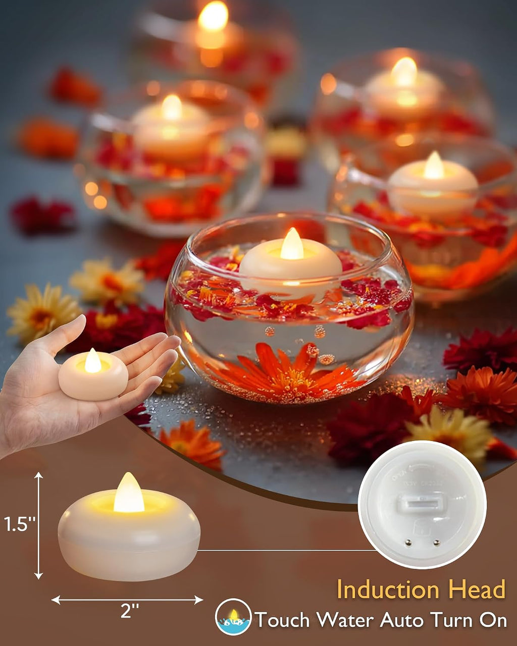 2" Flameless LED Floating Candles, White Waterproof Tealights, 24Pack