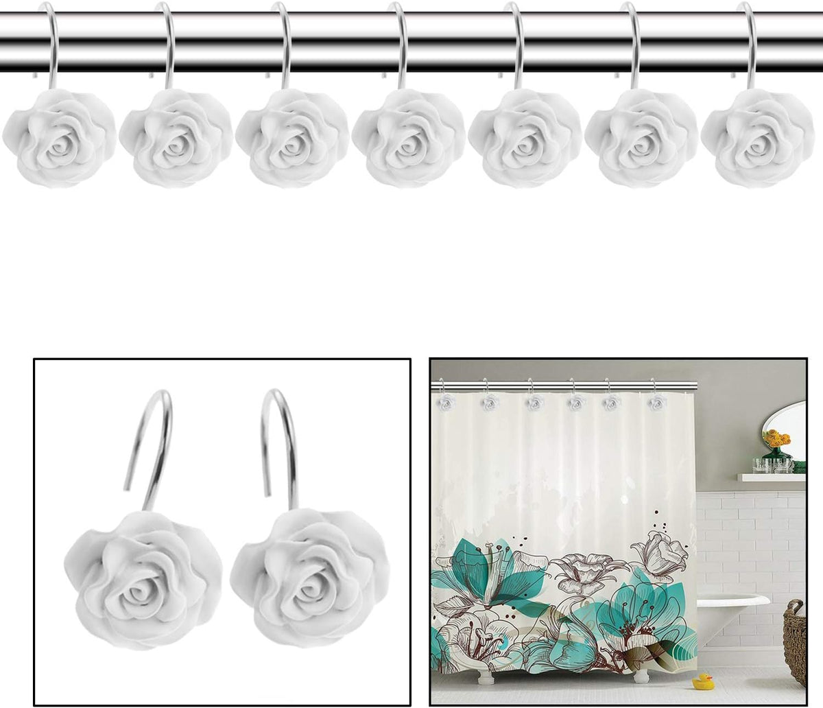 12PCS Rose Shower Curtain Hooks Anti Rust Decorative Shower Curtain Rings