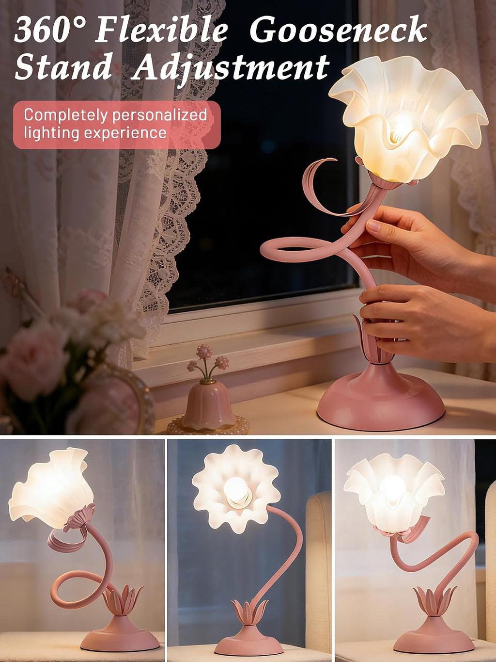 Bedside Table Lamp for Bedroom, Vintage Flower Table Lamps, LED Reading Light 3 Color Modes Bedside Lamps, Nightstand Lamp Kawaii Desk Lamps for Bedroom Living Room Home Decoration(Pink lamp)