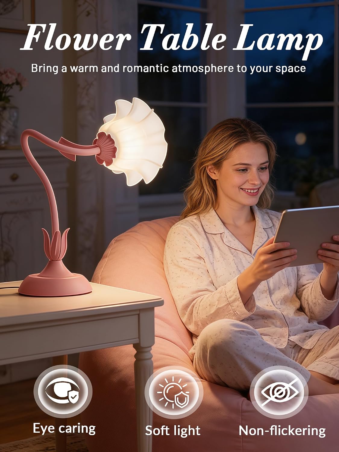 Bedside Table Lamp for Bedroom, Vintage Flower Table Lamps, LED Reading Light 3 Color Modes Bedside Lamps, Nightstand Lamp Kawaii Desk Lamps for Bedroom Living Room Home Decoration(Pink lamp)