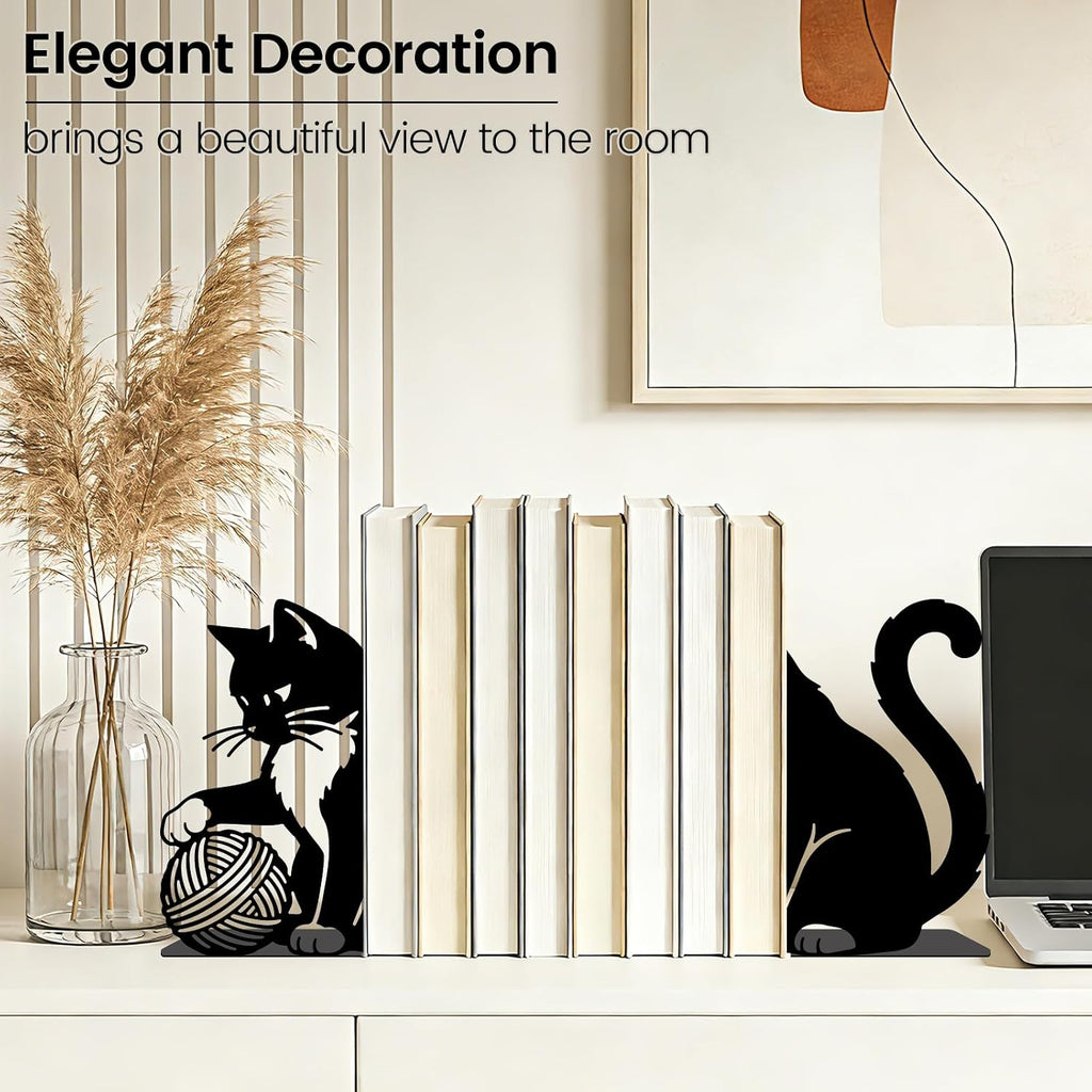 2pcs Cute Cat Metal Bookends Heavy Duty Adjustable Book Stopper for Shelves and Desk Decorative Cute Black Bookends for Heavy Books Cookbooks Vinyl Records with Non-Slip Pads