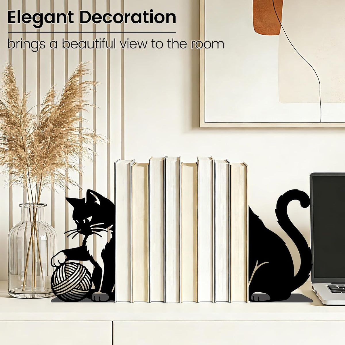 2pcs Cute Cat Metal Bookends Heavy Duty Adjustable Book Stopper for Shelves and Desk Decorative Cute Black Bookends for Heavy Books Cookbooks Vinyl Records with Non-Slip Pads