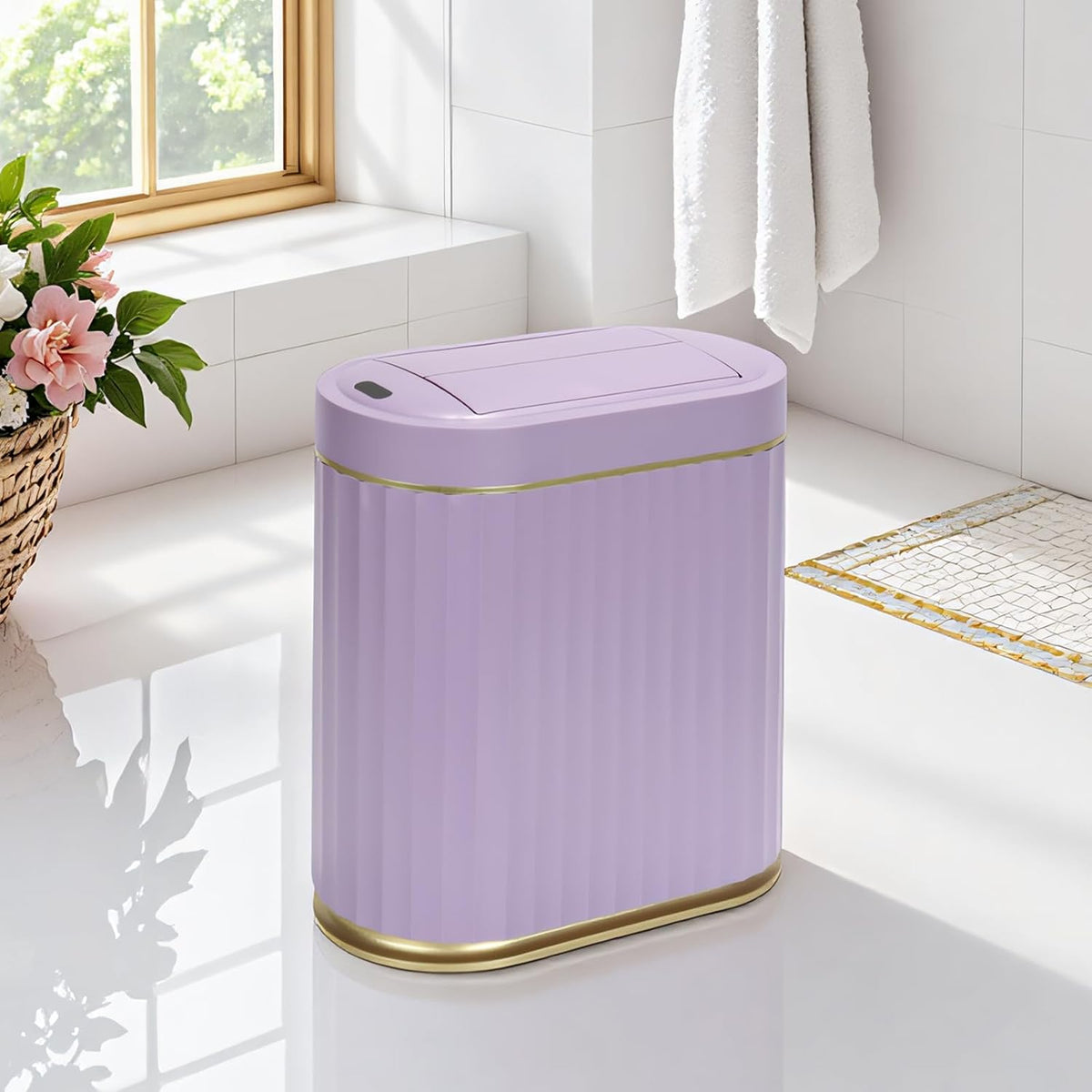 SYNCVIBE Bathroom Sensor Trash Can, 2 Gallon, Butterfly Lid, Purple