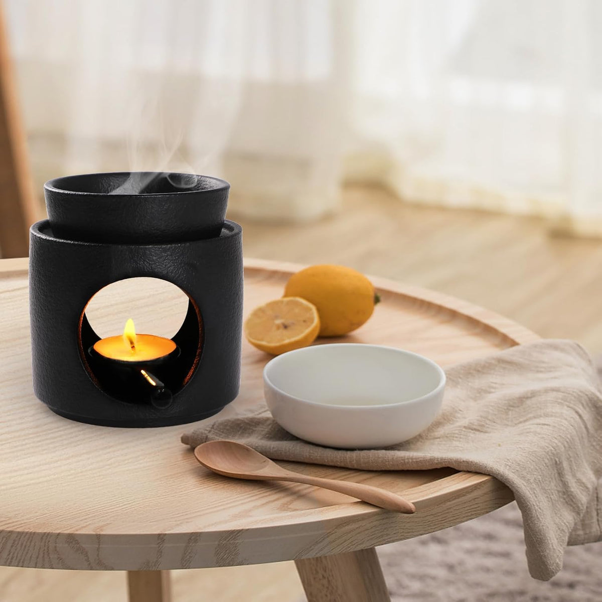 WD&CD Wax Melt Ceramic Oil Burner Black, Aroma Diffuser Essential Oil Burner Aromatherapy Wax Burner with Tealight Holder, Home Bedroom Decor