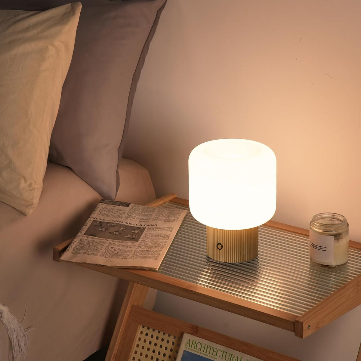 MAGCHARM Mushroom Table Lamp Premium Opal Glass Metal Cordless Night Lamp