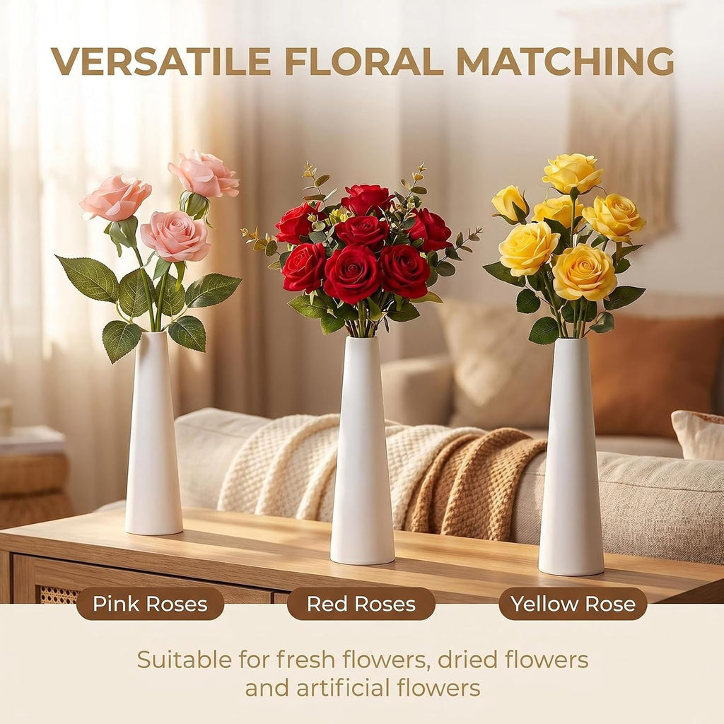 White Tall Conic Ceramic Flower Vase Decorative Floral Vase Taper Vase Table Top Small Narrow Neck Vases for Home Wedding Table Bedroom Living Room Office Desk
