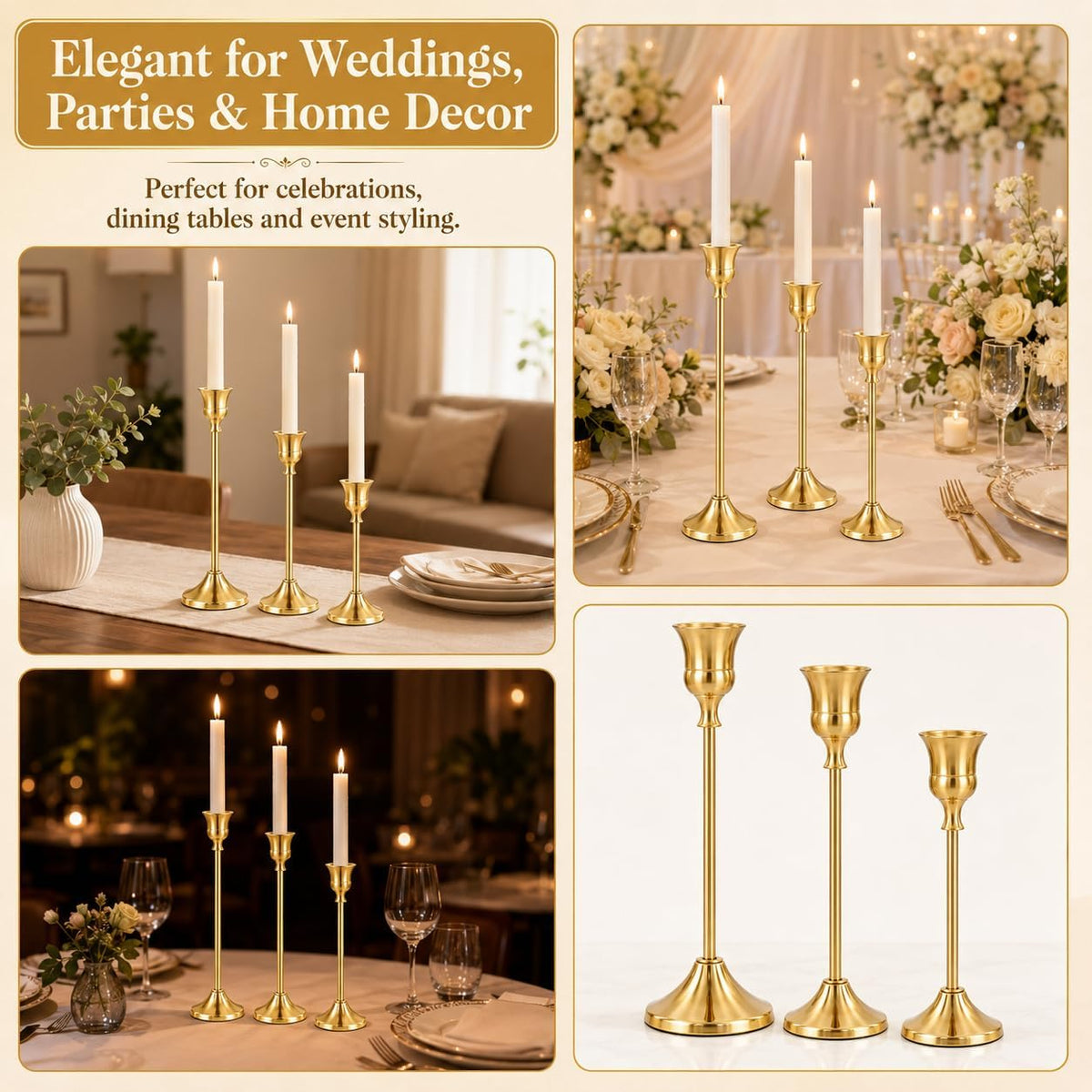 12Pcs Brass Gold Metal Taper Candle Holders, Candlestick Holders, Vintage Modern Decorative Centerpiece Candlestick Holders for Table Mantel Wedding Housewarming Gift