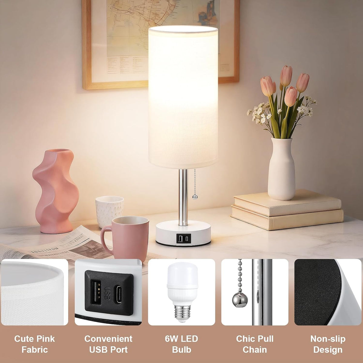 White Bedside Table Lamp for Bedroom - Small Nightstand Lamp for Girls