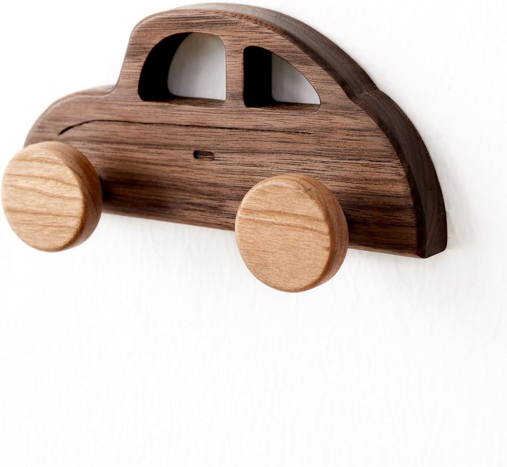 Vinoil Kids Coat Hooks Wall Mount, Walnut Car-Shaped Coat Rack Heavy Duty for Bathrooms,Kids’ Room,Door,Nursery,Entryway, 4 Pack Wood Wall Hooks for Hanging Hats,Backpacks,Towels,Keys&Clothes