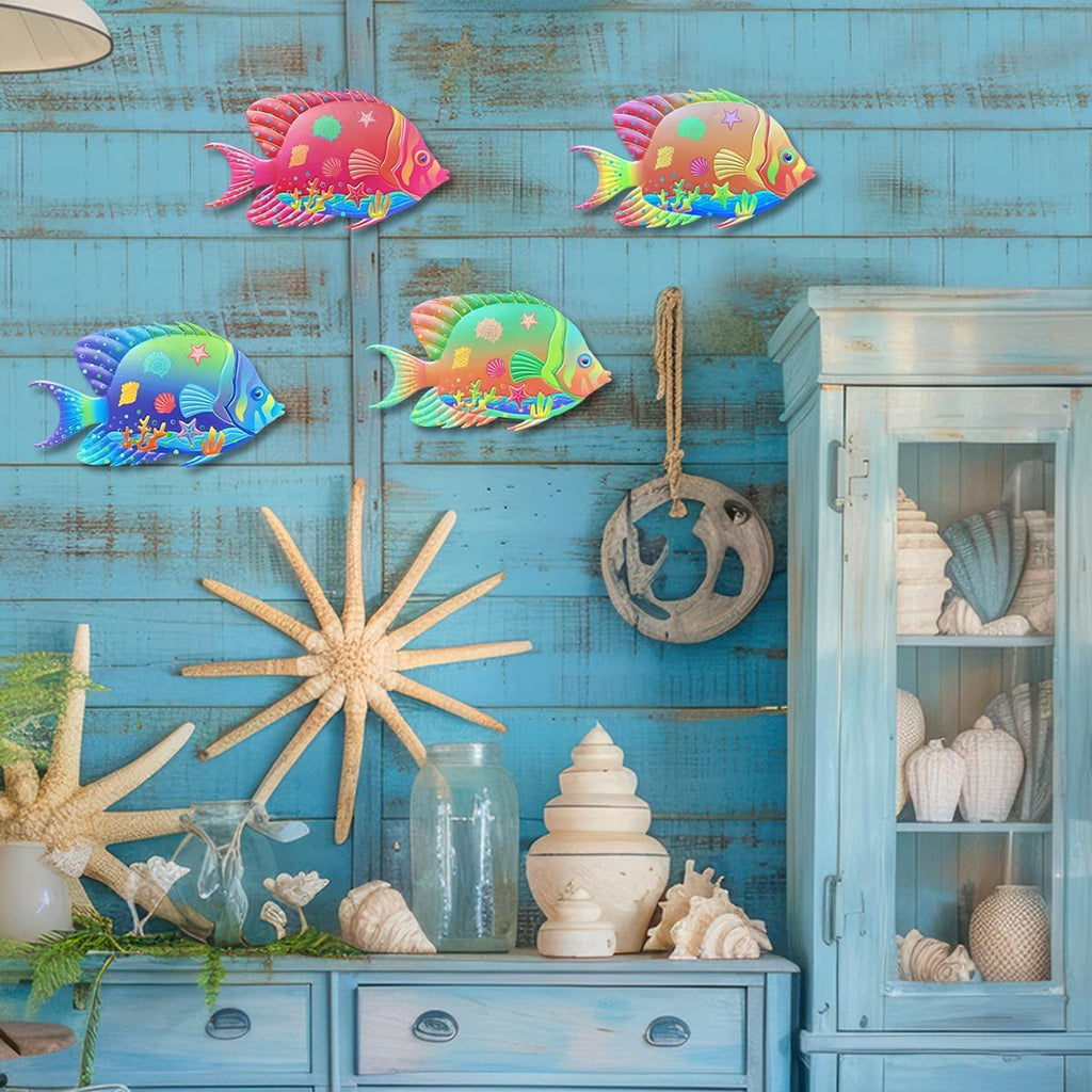 Oraytteo Metal Fish Outdoor Wall Decor, 4 Pack Sea Fish Wall Art Hanging Decorations for Indoor Outdoor Barthroom Fence Pool Patio Decor, Gift for Mom Dad Friends
