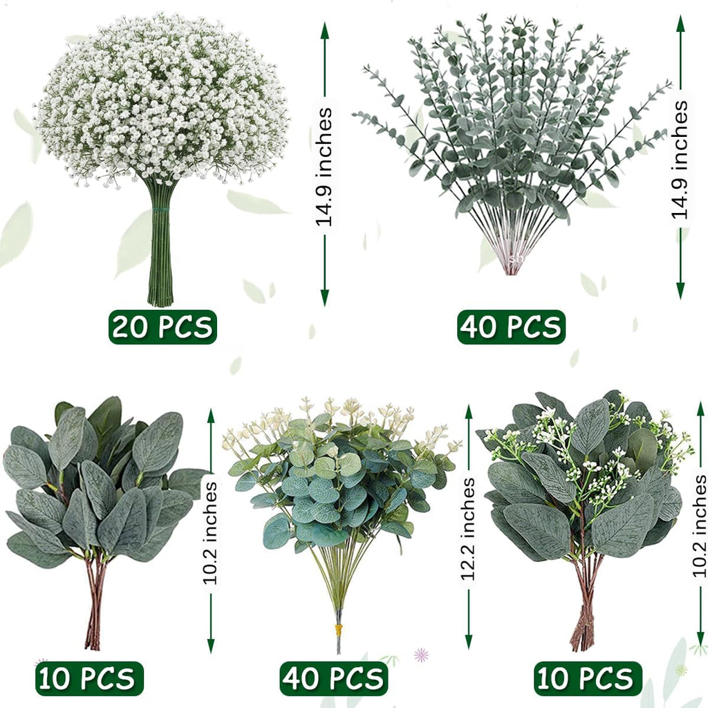 Mixed Eucalyptus Leaves Stems Bulk Artificial Silver Dollar Leaves Picks Dried Eucalyptus Bundle Faux Spray for Wedding Vase Bouquet Decor (120, Green/White)