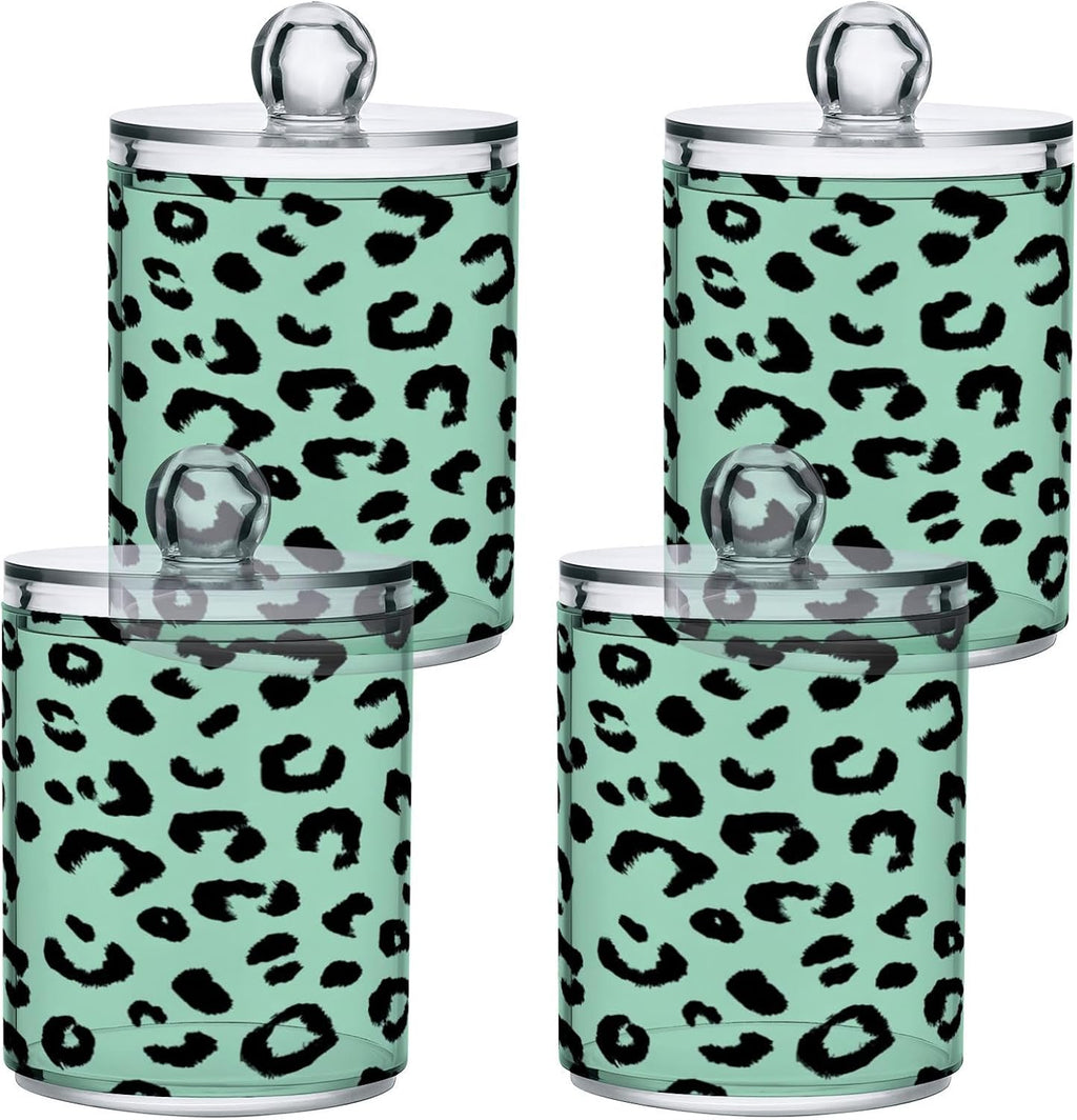 Green Black Leopard Print Qtip Holder Acrylic for Cotton Ball Swab 2 Packs