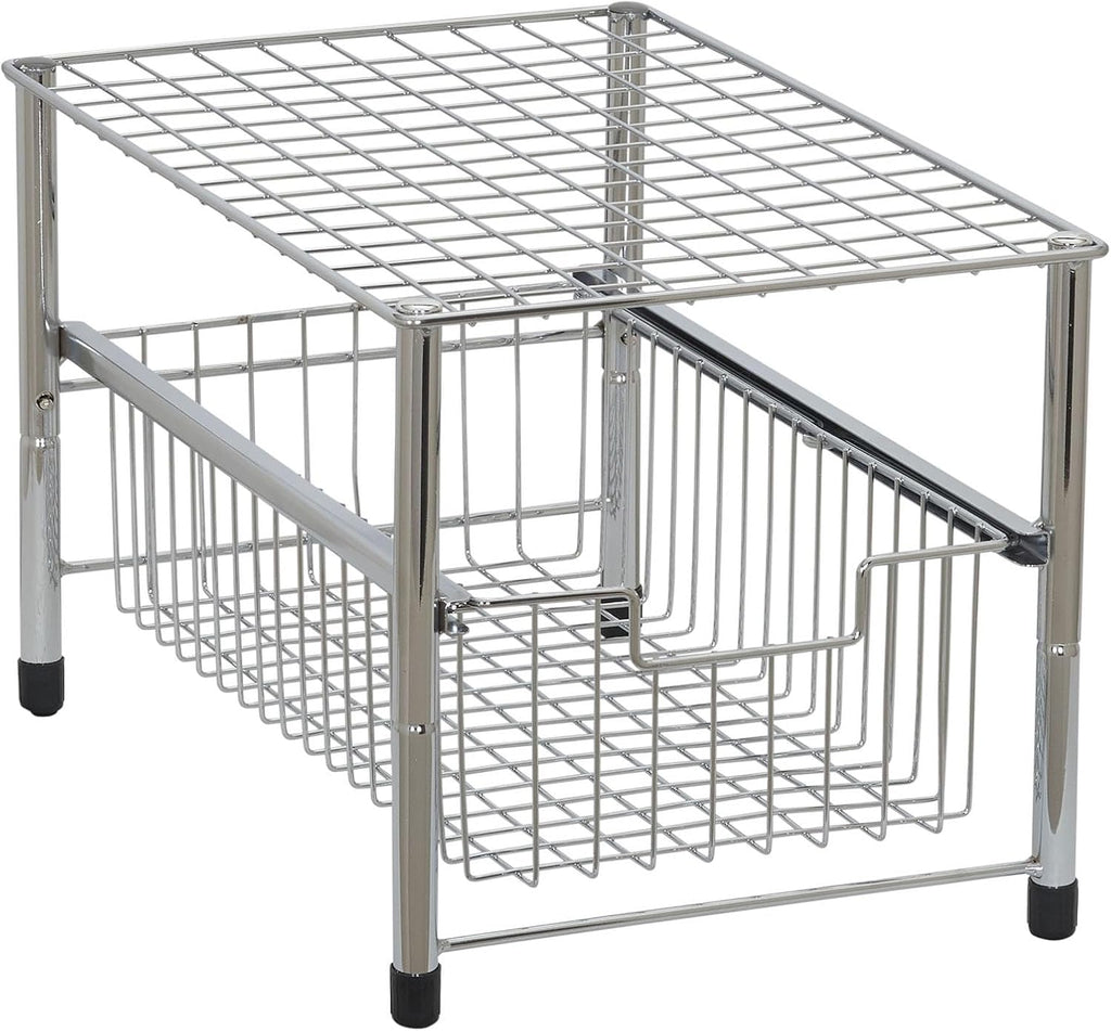 Household Essentials Free Standing Single Basket Sliding Cabinet Organizer with Metal Frame, Silver Finish