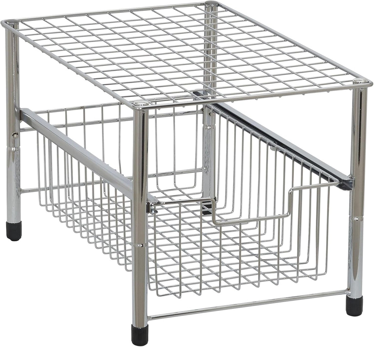 Household Essentials Free Standing Single Basket Sliding Cabinet Organizer with Metal Frame, Silver Finish